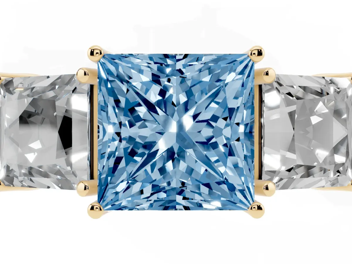 Fancy Blue Three-Stone Princess Cut Cut Milgrain Pavé Engagement Ring Yellow gold