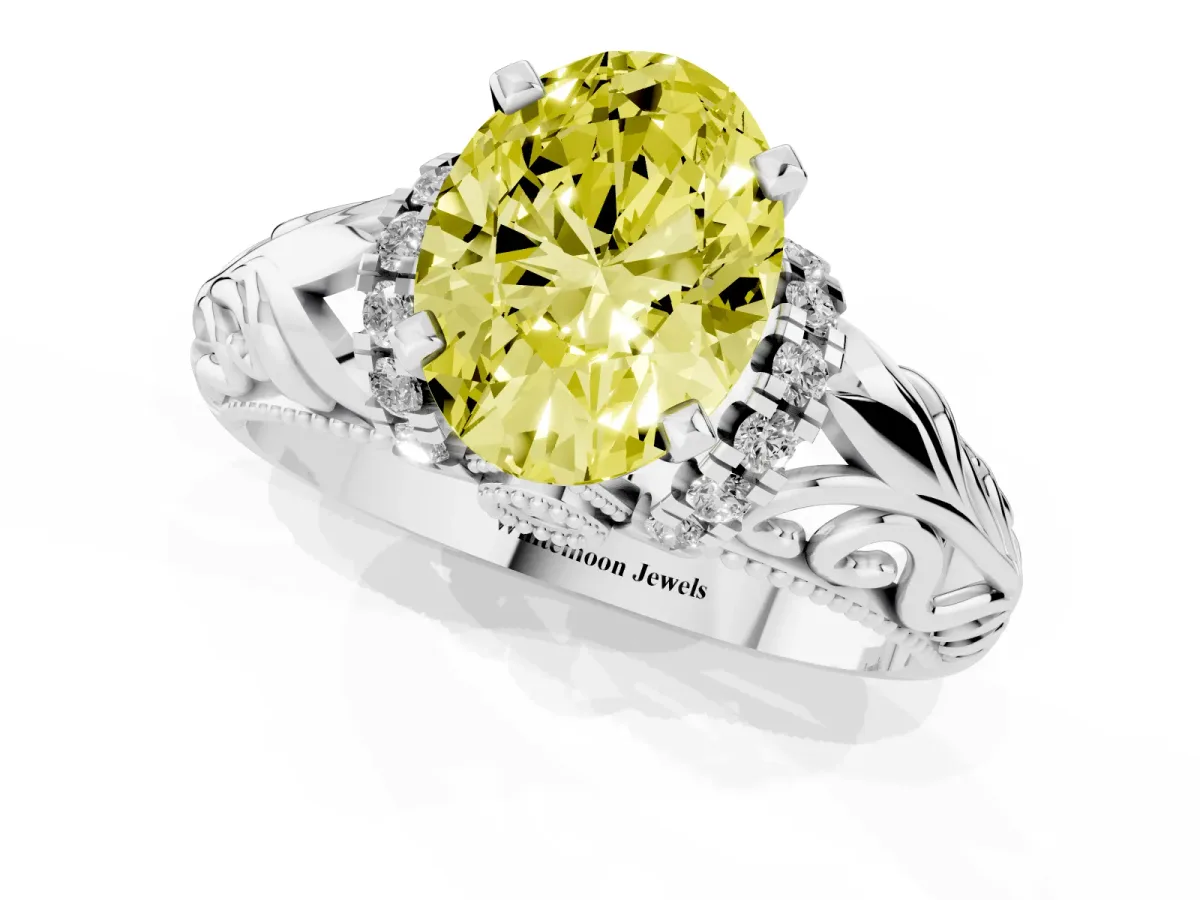 Fancy Yellow Oval Cut Solitaire Filigree Engagement Ring with Halo and Prong Setting Silver