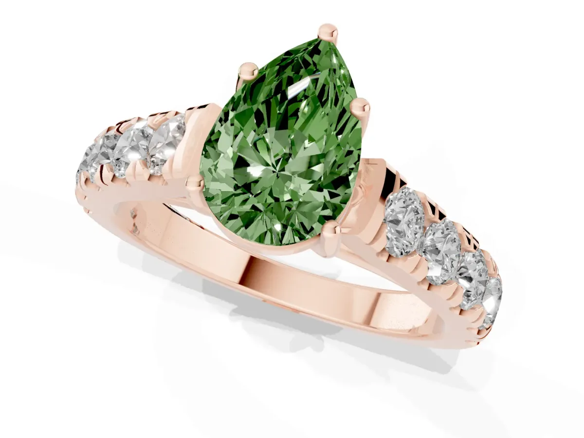 Fancy Green Pear Cut Cut Diamond Solitaire Ring with Micro Pave Band and Prong Setting Rose gold