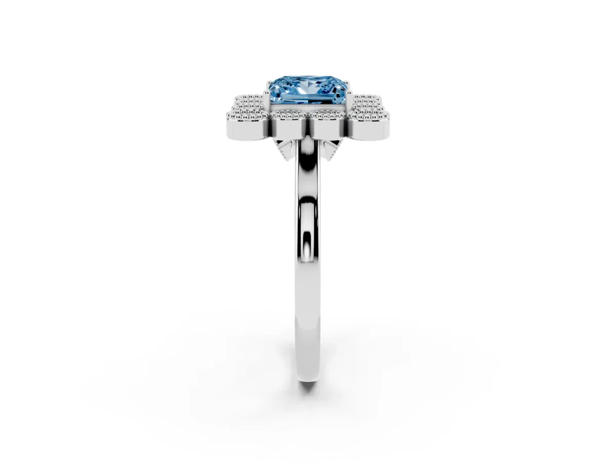 Fancy Blue Princess Cut Halo Diamond Cluster Engagement Ring with Milgrain Bezel Setting and Solitaire Band Silver