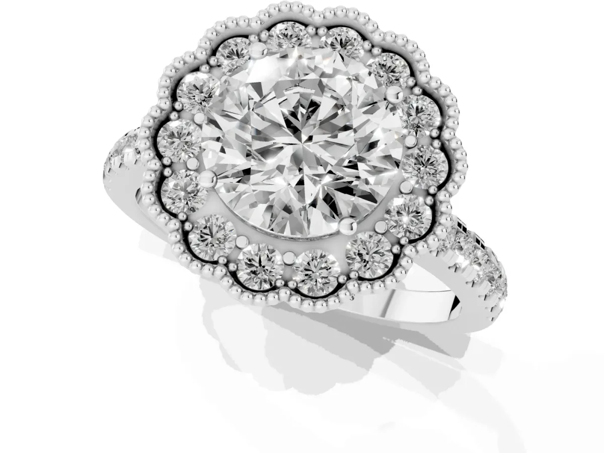 Round Cut Cut Diamond Milgrain Floral Halo Engagement Ring with Pavé Band White gold