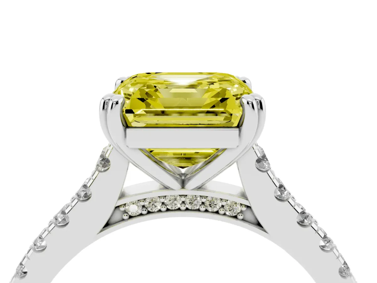 Fancy Yellow Asscher Cut Solitaire Pave Diamond Engagement Ring with Prong Setting Platinum
