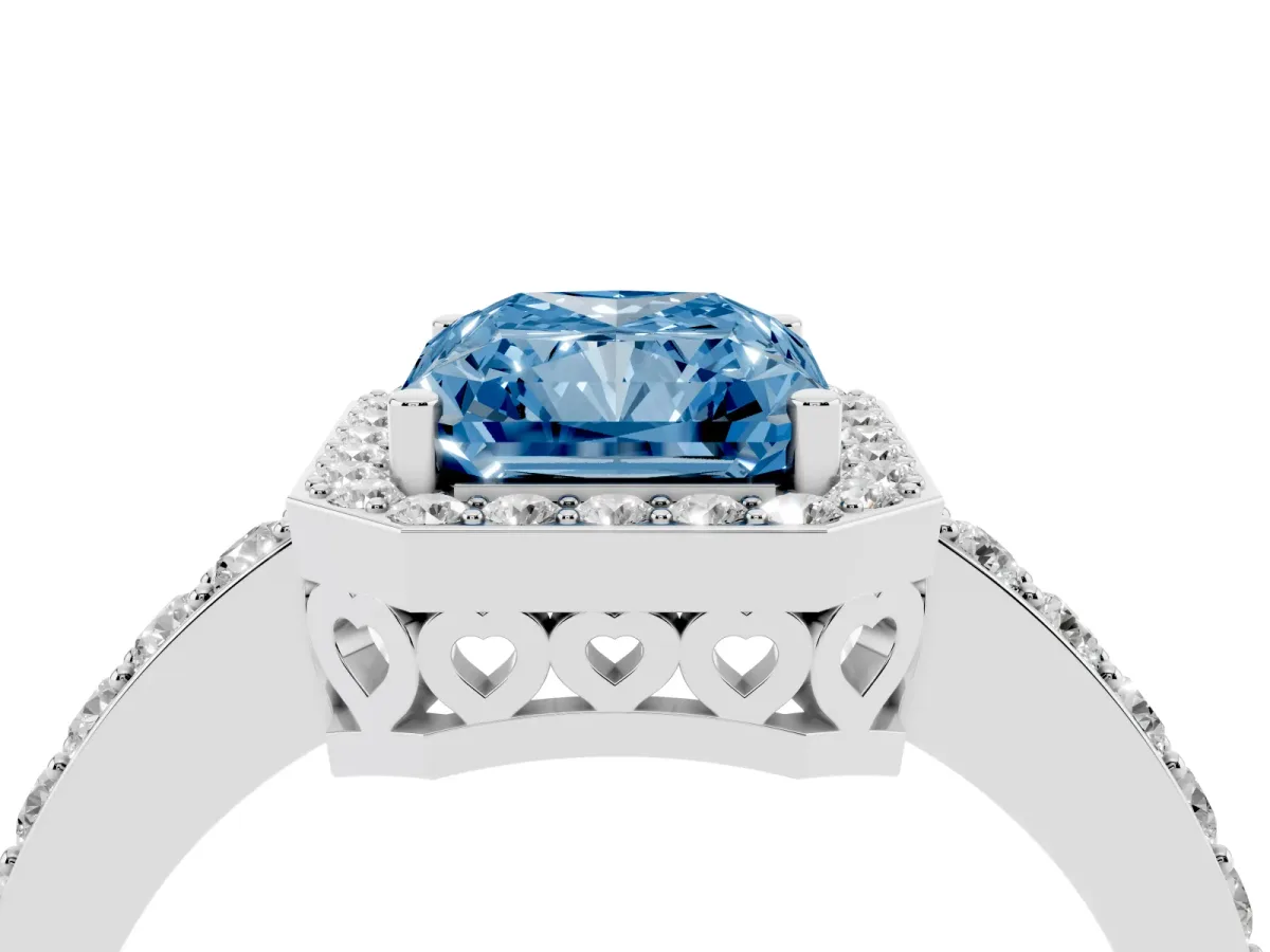 Fancy Blue Radiant Cut Halo Diamond Pavé Band Ring with Prong Setting Silver