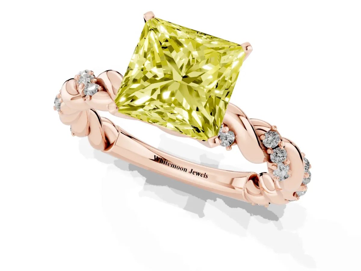 Fancy Yellow Princess Cut Diamond Solitaire Ring with Twisted Band and Pavé Accents Rose gold
