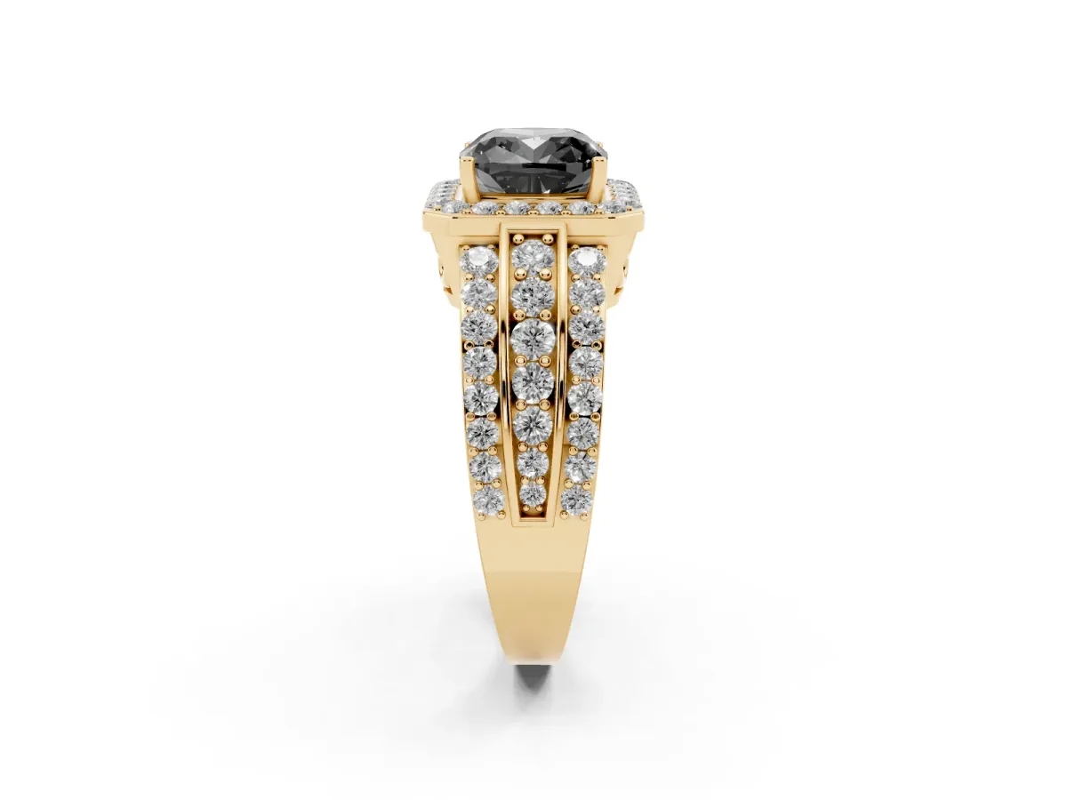 Fancy Black Cushion Cut Halo Diamond Ring with Round Split Shank and Prong Setting Yellow gold