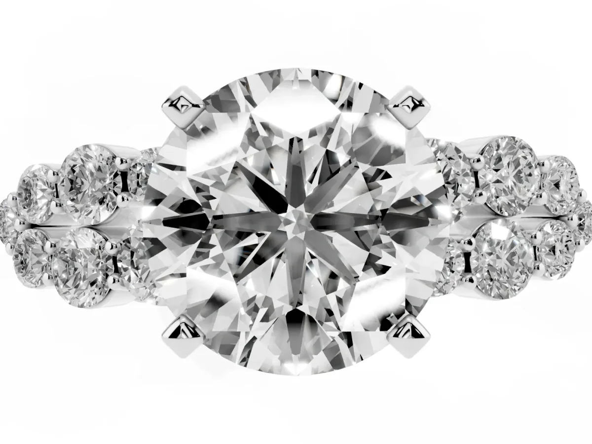 Round Cut Cluster Diamond Engagement Ring with Pavé Band and Four-Prong Setting Silver