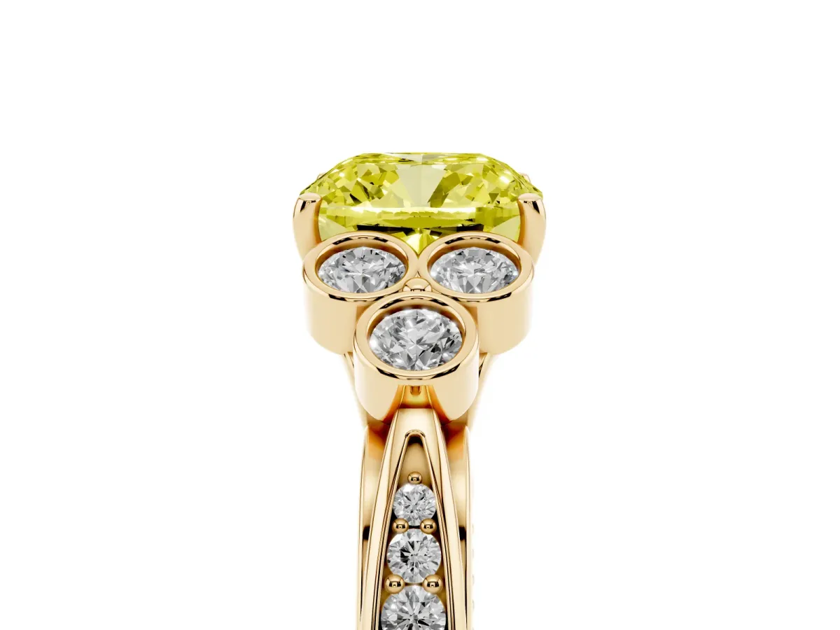 Fancy Yellow Cushion Cut Cut Diamond Engagement Ring with Bezel Set Round Side Stones and Prong Setting Yellow gold
