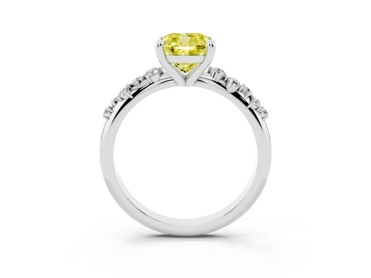Fancy Yellow Cushion Cut Cut Diamond Vine Band with Four-Prong Setting Platinum
