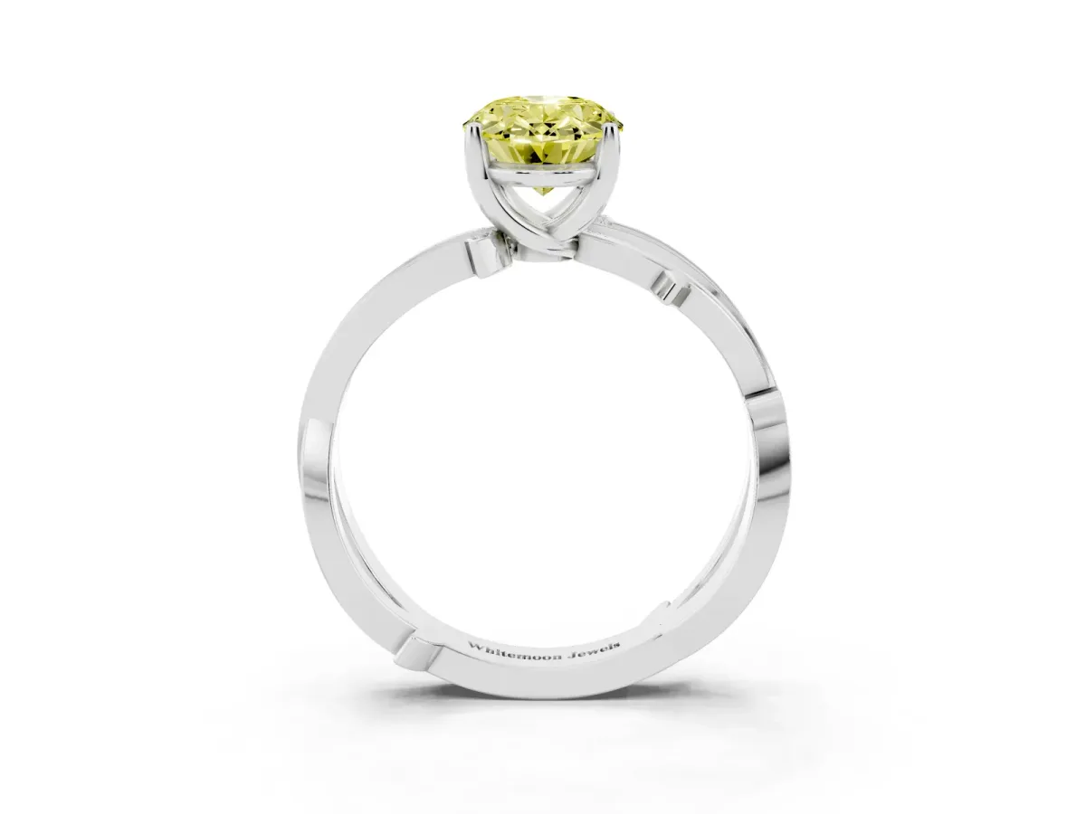 Fancy Yellow Oval Cut Solitaire Twist Band with Pavé Accents and Four-Prong Setting White gold