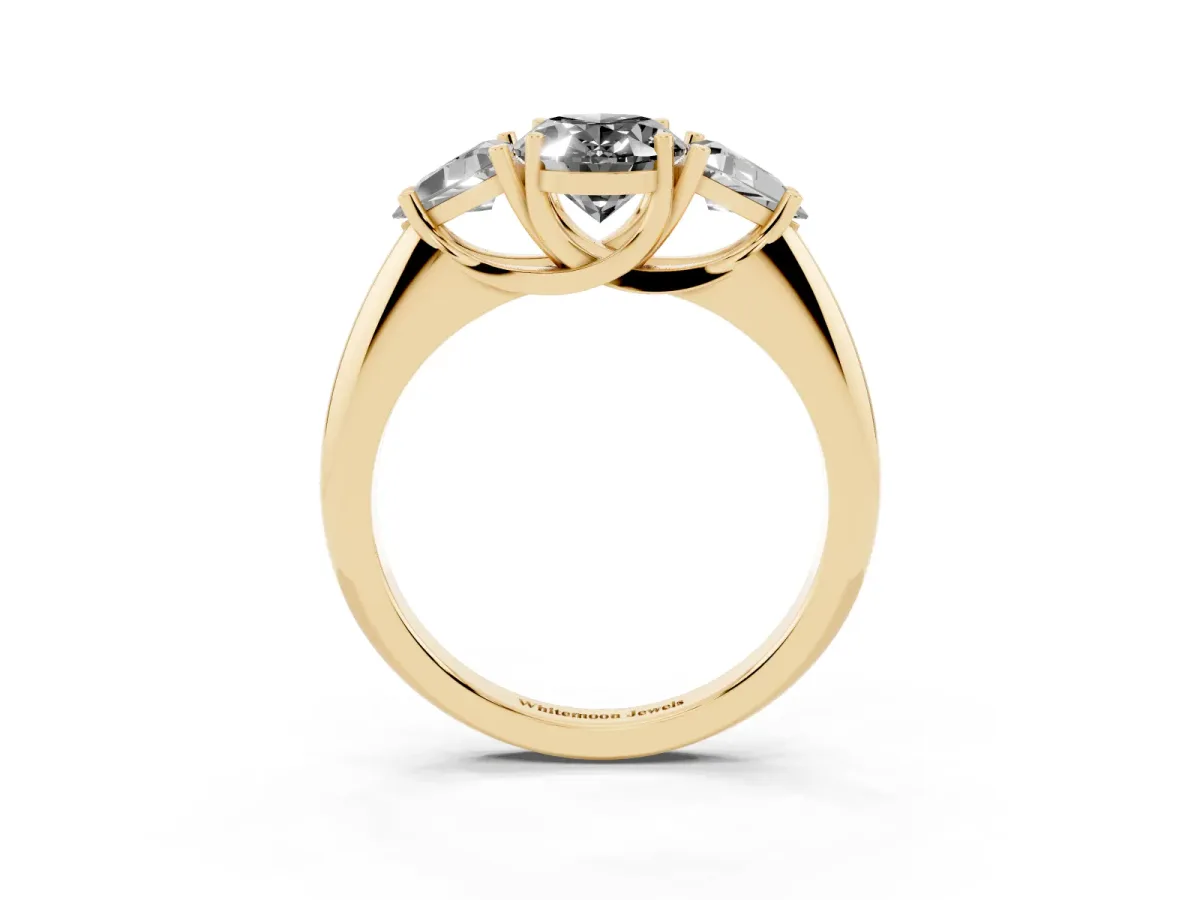 Fancy Black Three-Stone Oval Cut Diamond Engagement Ring with Trillion Side Stones and Prong Setting Yellow gold