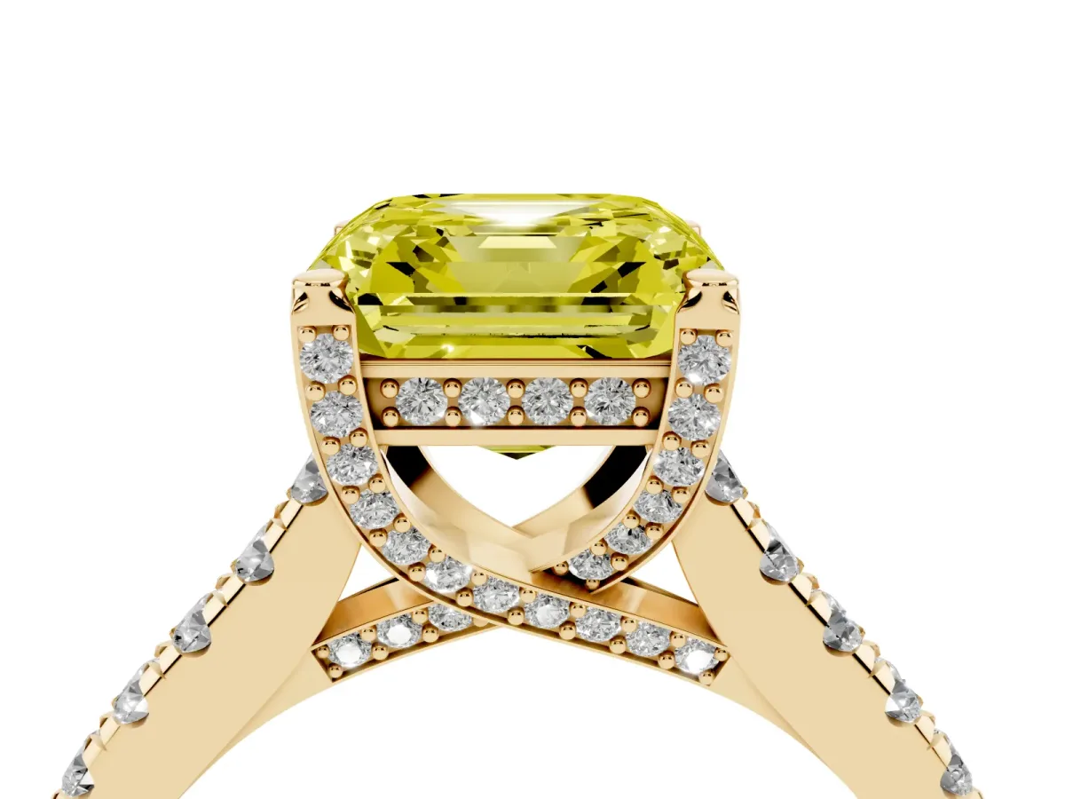 Fancy Yellow Asscher Cut Brilliant Diamond Solitaire with Pavé Band and Four-Prong Setting Yellow gold