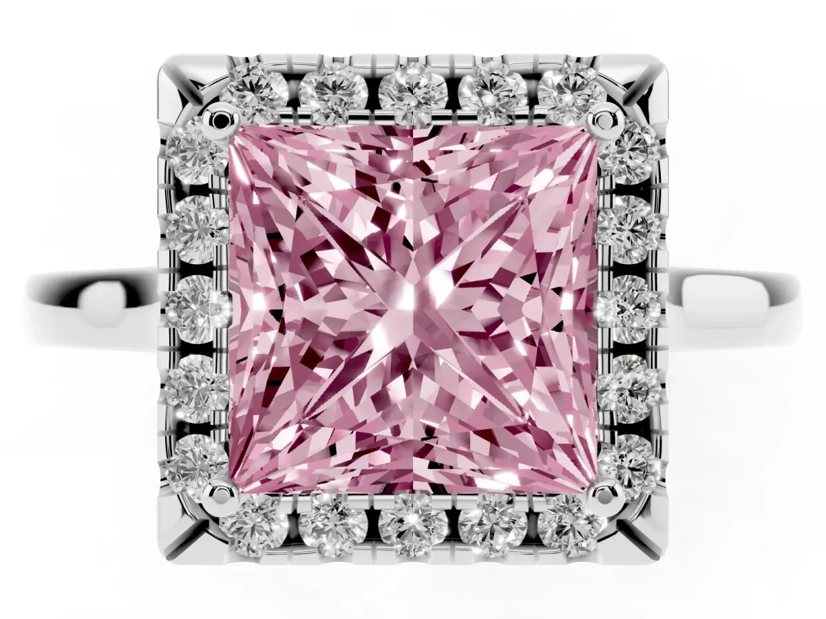 Fancy Pink Princess Cut Halo Round Diamond Solitaire Ring with Pavé Band and Four-Prong Setting Silver