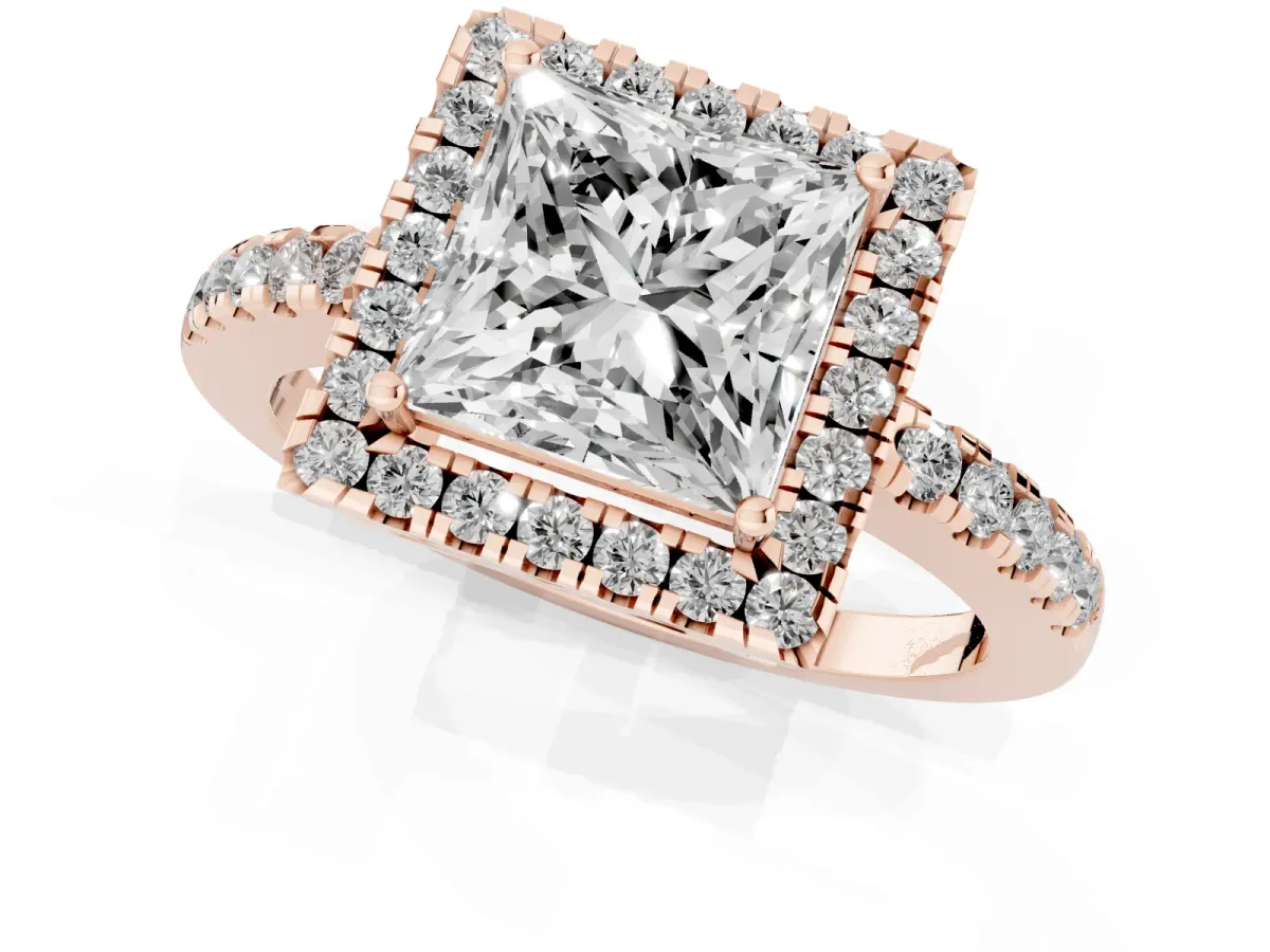 Princess Cut Halo Diamond Engagement Ring with Pavé Band and Four-Prong Setting Rose gold