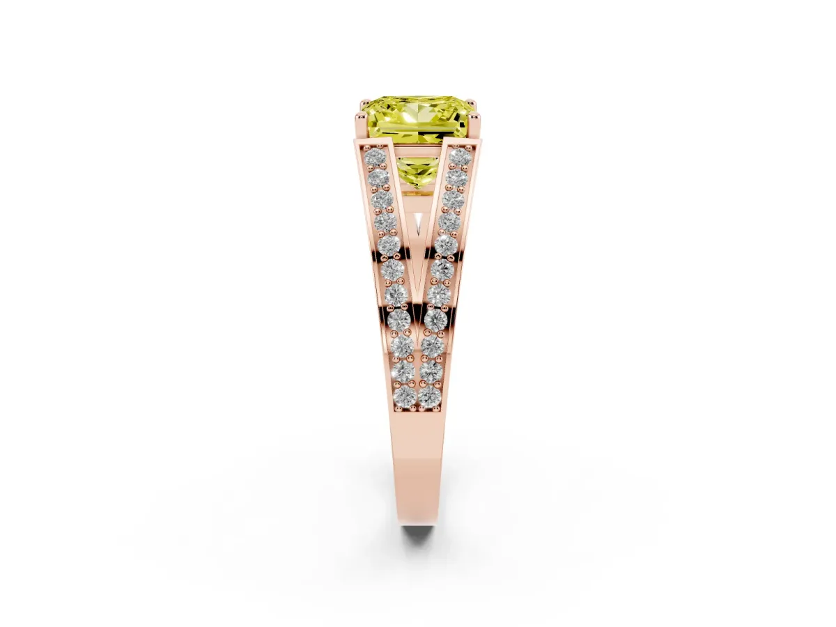 Fancy Yellow Princess Cut Diamond Split Shank Ring with Pavé Band and Four-Prong Setting Rose gold