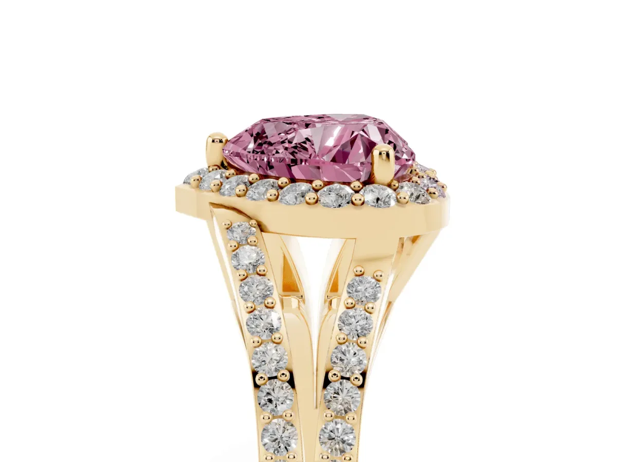 Fancy Pink Heart Cut Halo Split Shank Diamond Ring with Prong Setting Yellow gold