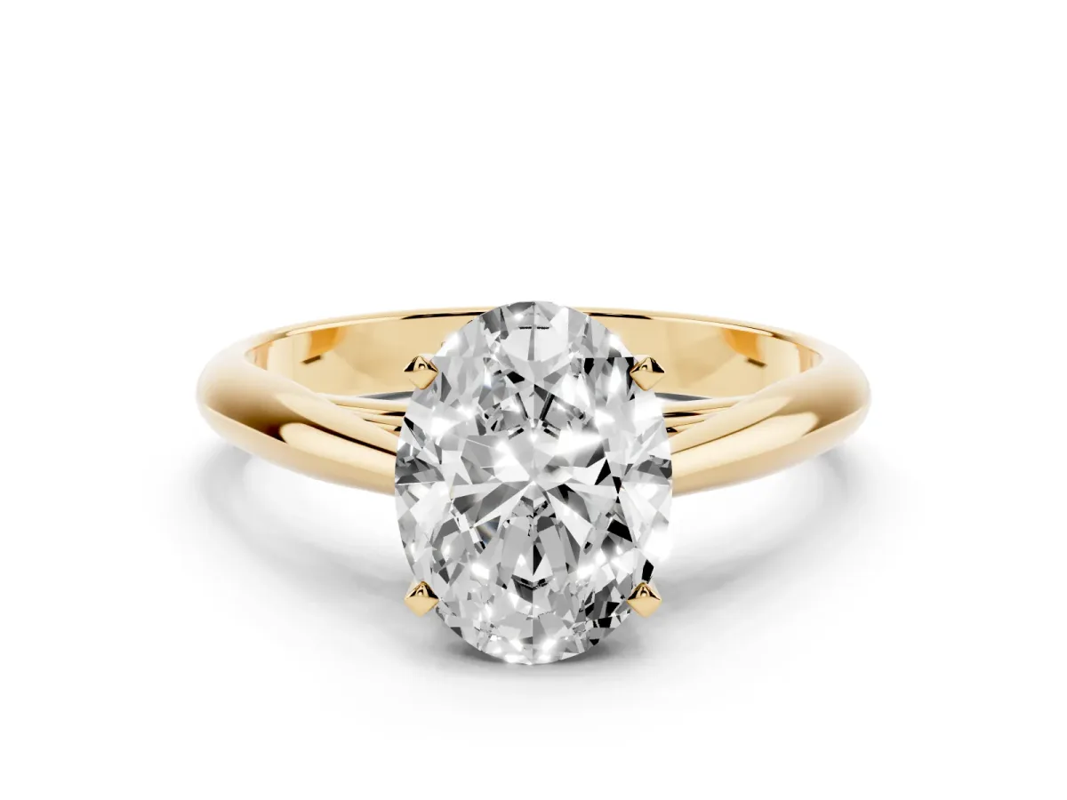 Oval Cut Diamond Solitaire Engagement Ring with Cathedral Setting and Four-Prong Mount Yellow gold