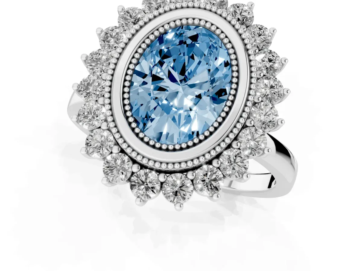 Fancy Blue Oval Cut Halo Diamond Ring with Milgrain Edge and Round Prong Setting Silver