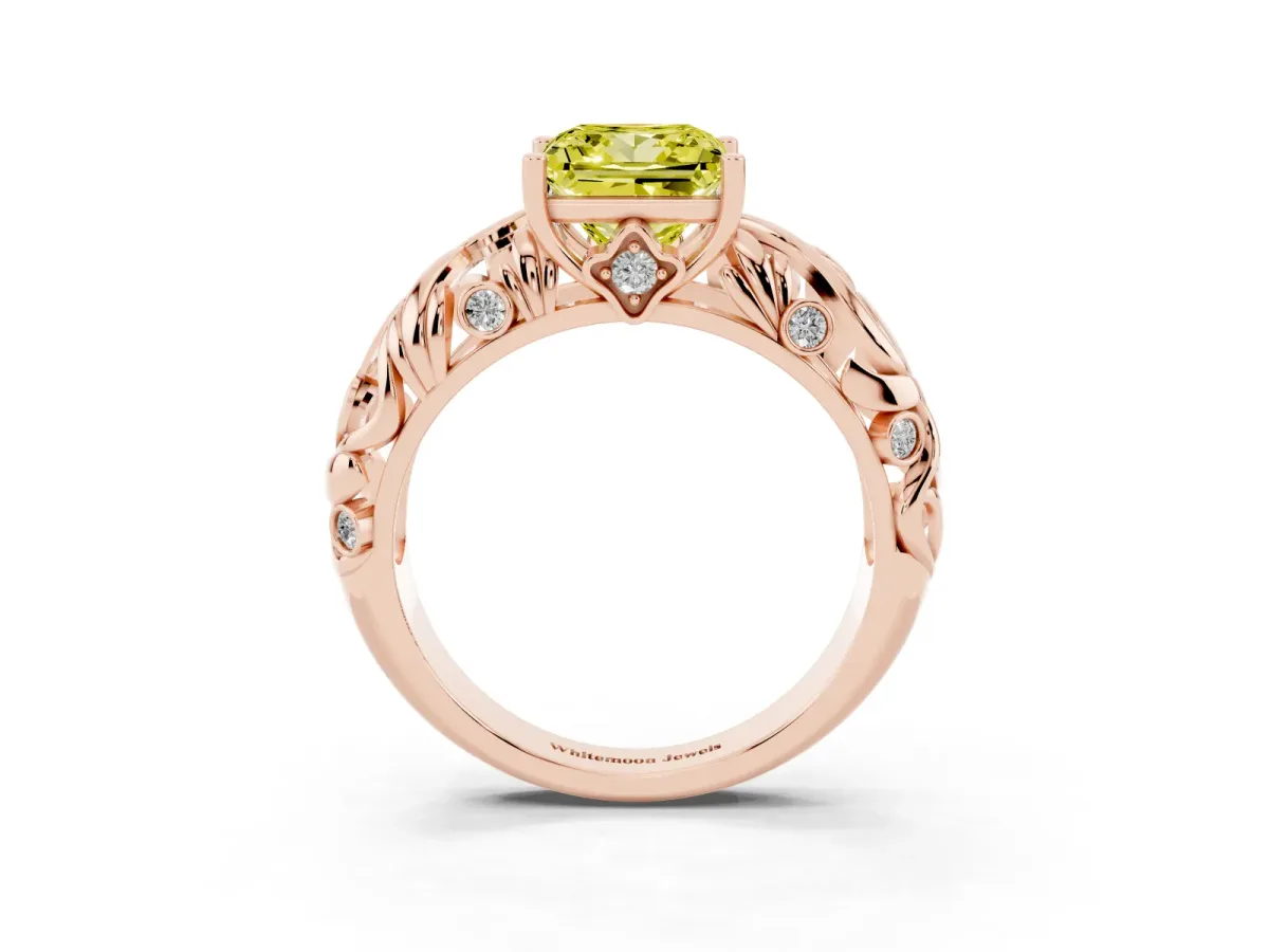 Fancy Yellow Princess Cut Solitaire Diamond Leaf-Inspired Vine Band Ring with Prong Setting Rose gold