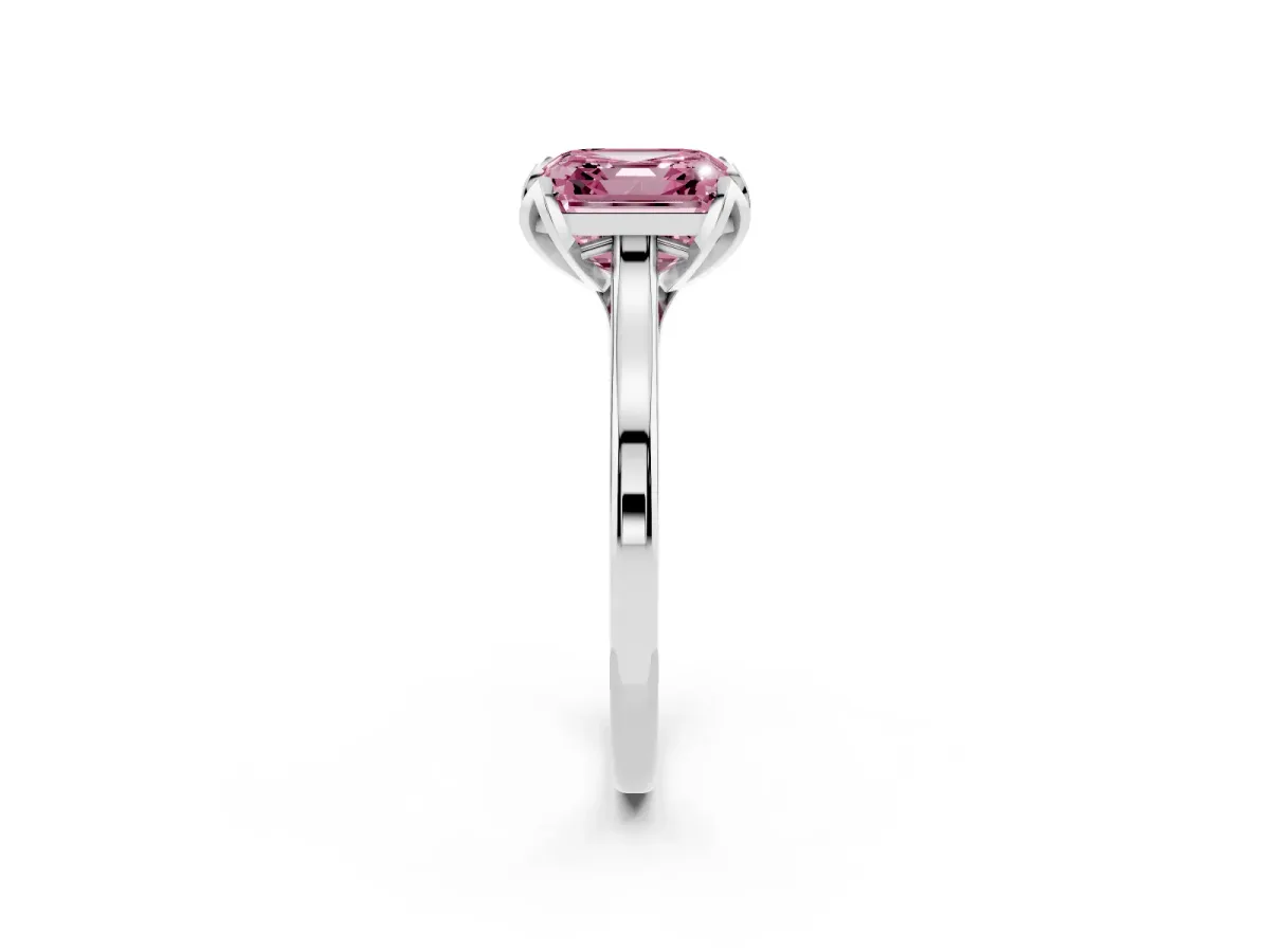 Fancy Pink Asscher Cut Diamond Solitaire Ring with Flower Prong Setting and Classic Band Silver