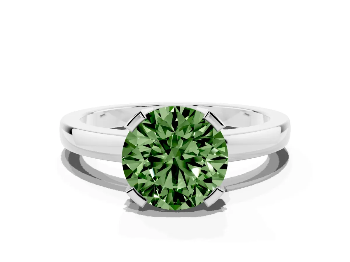 Fancy Green Round Cut Cut Solitaire Ring with Four-Prong Setting and Classic Band Silver