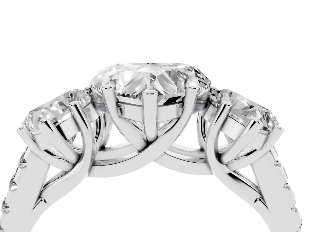 Three-Stone Heart Cut Diamond Ring with Round Pavé Band and Prong Setting Silver