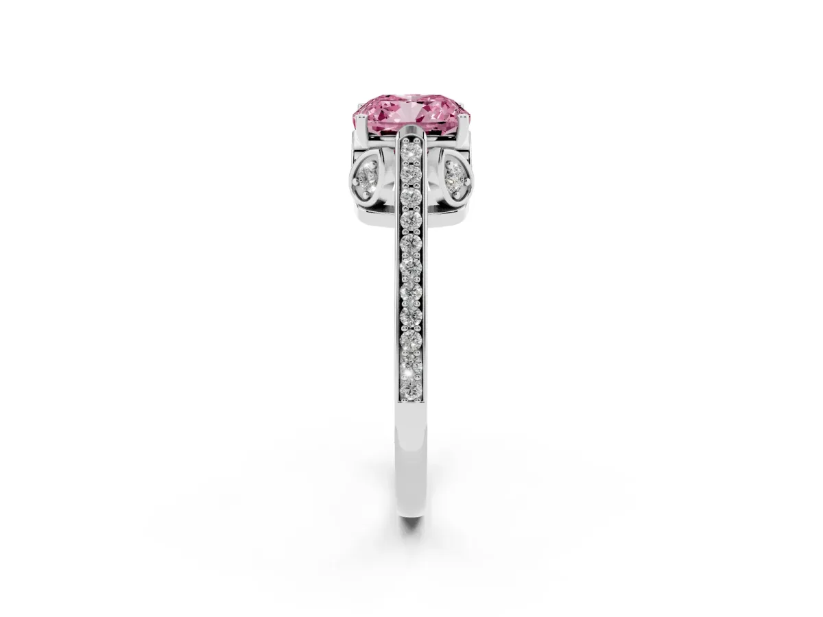 Fancy Pink Cushion Cut Cut Cathedral Pave Diamond Engagement Ring with Six-Prong Setting Silver