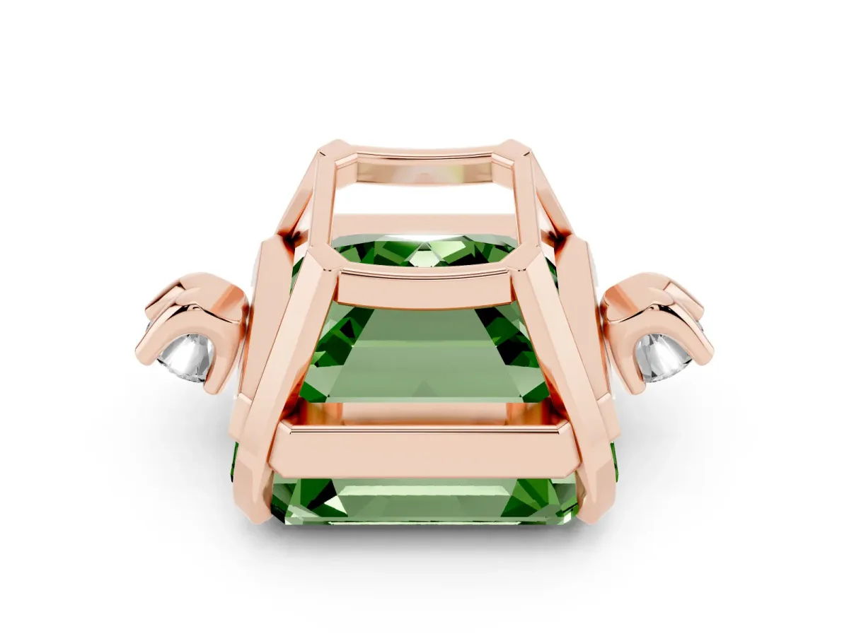Fancy Green Asscher Cut Cut Three-Stone Solitaire Ring with Round Accent Diamonds and Four-Prong Setting Rose gold