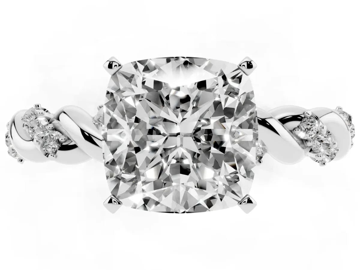 Cushion Cut Diamond Solitaire Ring with Twisted Band and Pavé Accents Platinum
