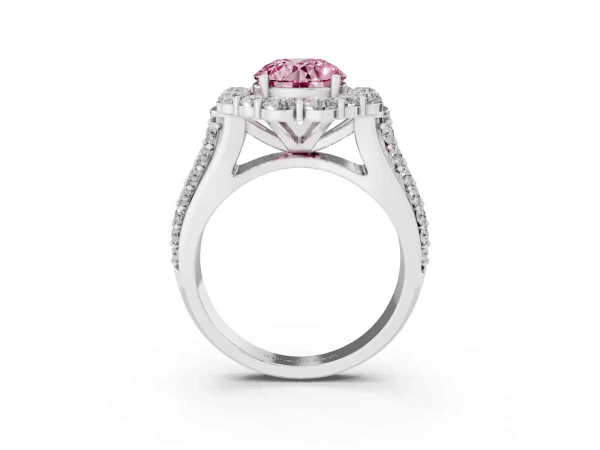 Fancy Pink Round Cut Halo Diamond Engagement Ring with Split Shank and Prong Setting Silver