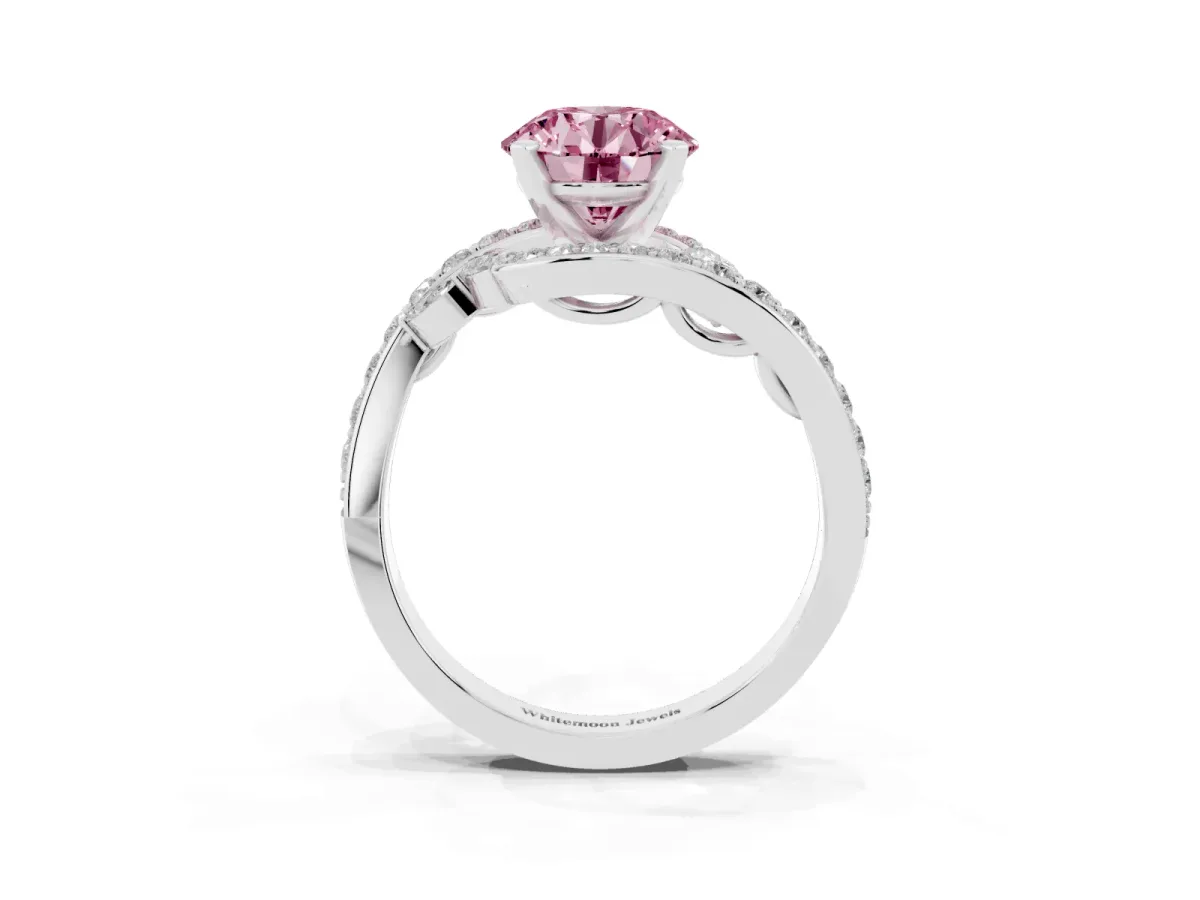 Fancy Pink Round Cut Solitaire with Pavé Twist Band and Four-Prong Setting Silver