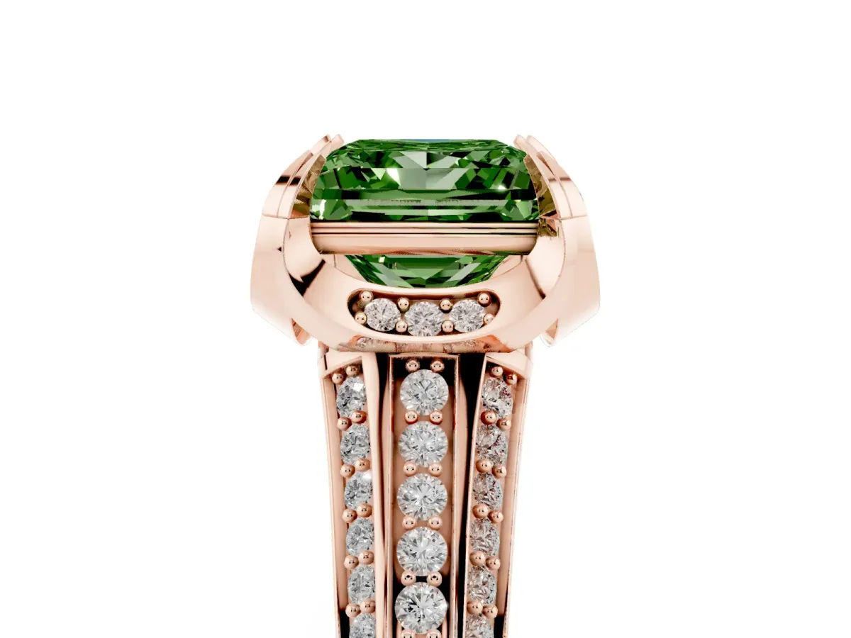 Fancy Green Princess Cut Solitaire Pave Split Shank Ring with Four-Prong Setting Rose gold