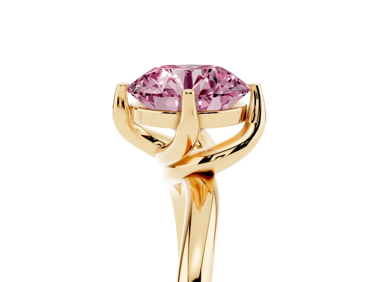 Fancy Pink Round Cut Diamond Solitaire Engagement Ring with Four-Prong Setting and Classic Band Yellow gold