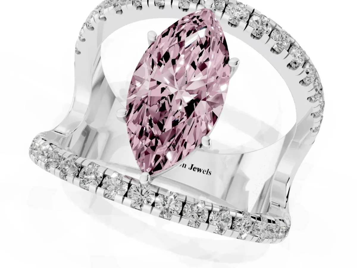 Fancy Pink Marquise Cut Solitaire Split Shank Pave Diamond Ring Silver