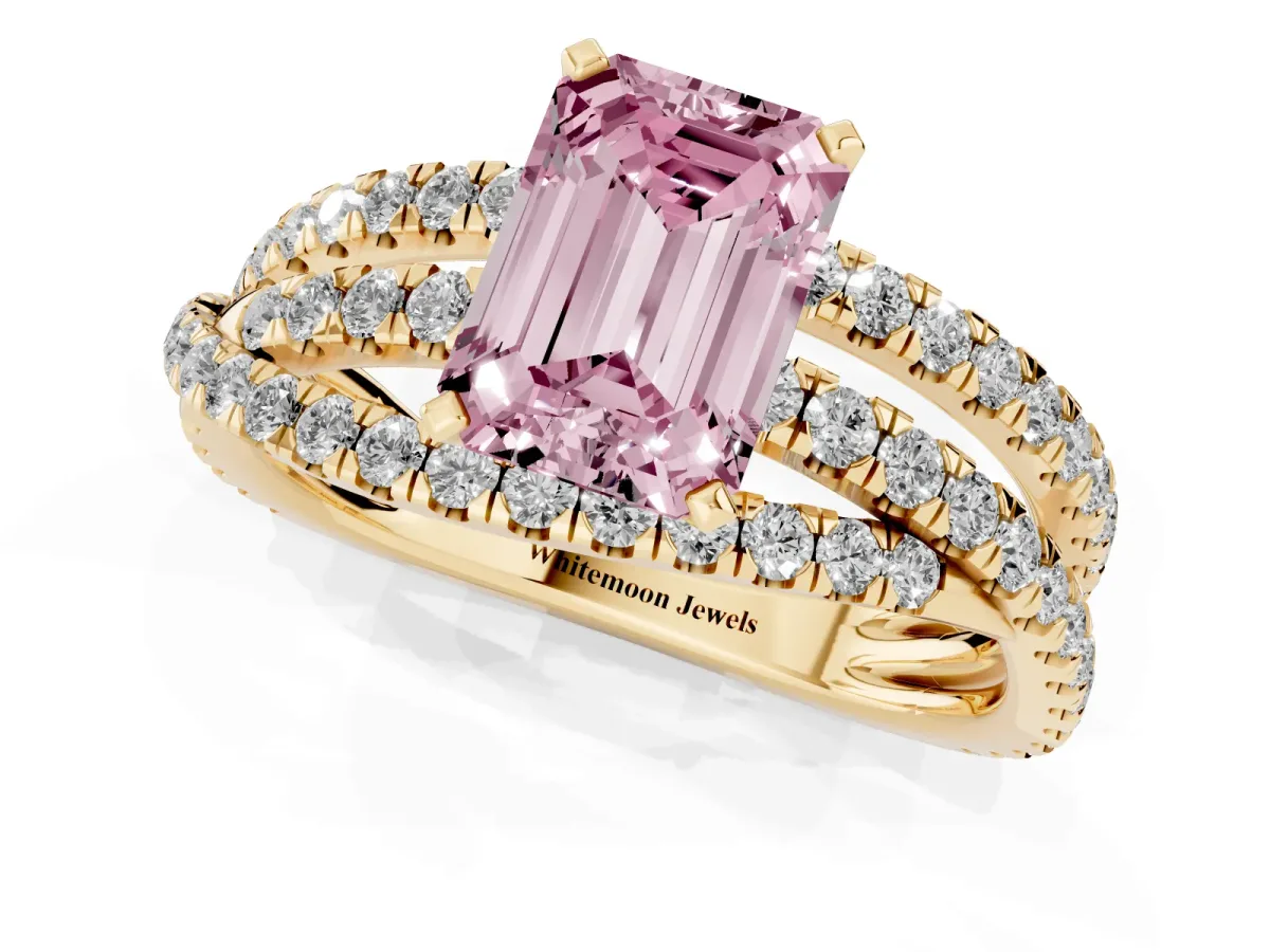 Fancy Pink Emerald Cut Solitaire Twist Band with Pavé Setting and Four-Prong Setting Yellow gold