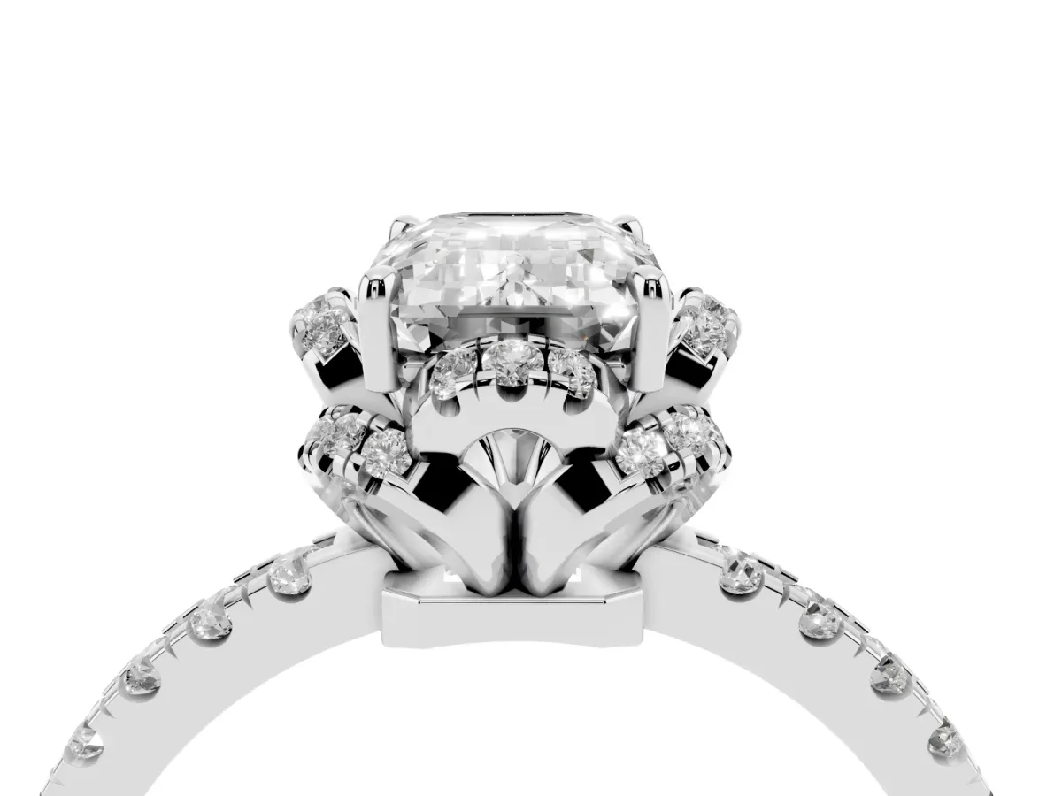 Emerald Cut Diamond Halo Pave Band with Four-Prong Setting Silver