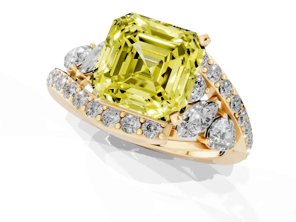 Fancy Yellow Asscher Cut Diamond Halo Ring with Marquise and Pavé Band in Prong Setting Yellow gold