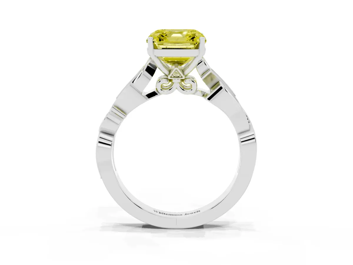 Fancy Yellow Asscher Cut Solitaire Vine Band with Milgrain Prong Setting Platinum