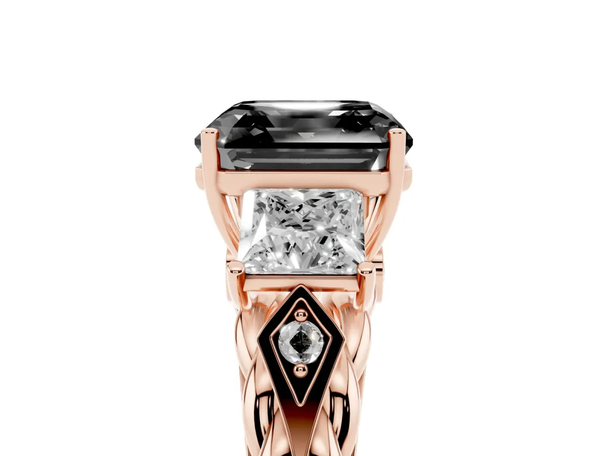 Fancy Black Three-Stone Asscher Cut Diamond Braided Band Ring with Four-Prong Setting Rose gold