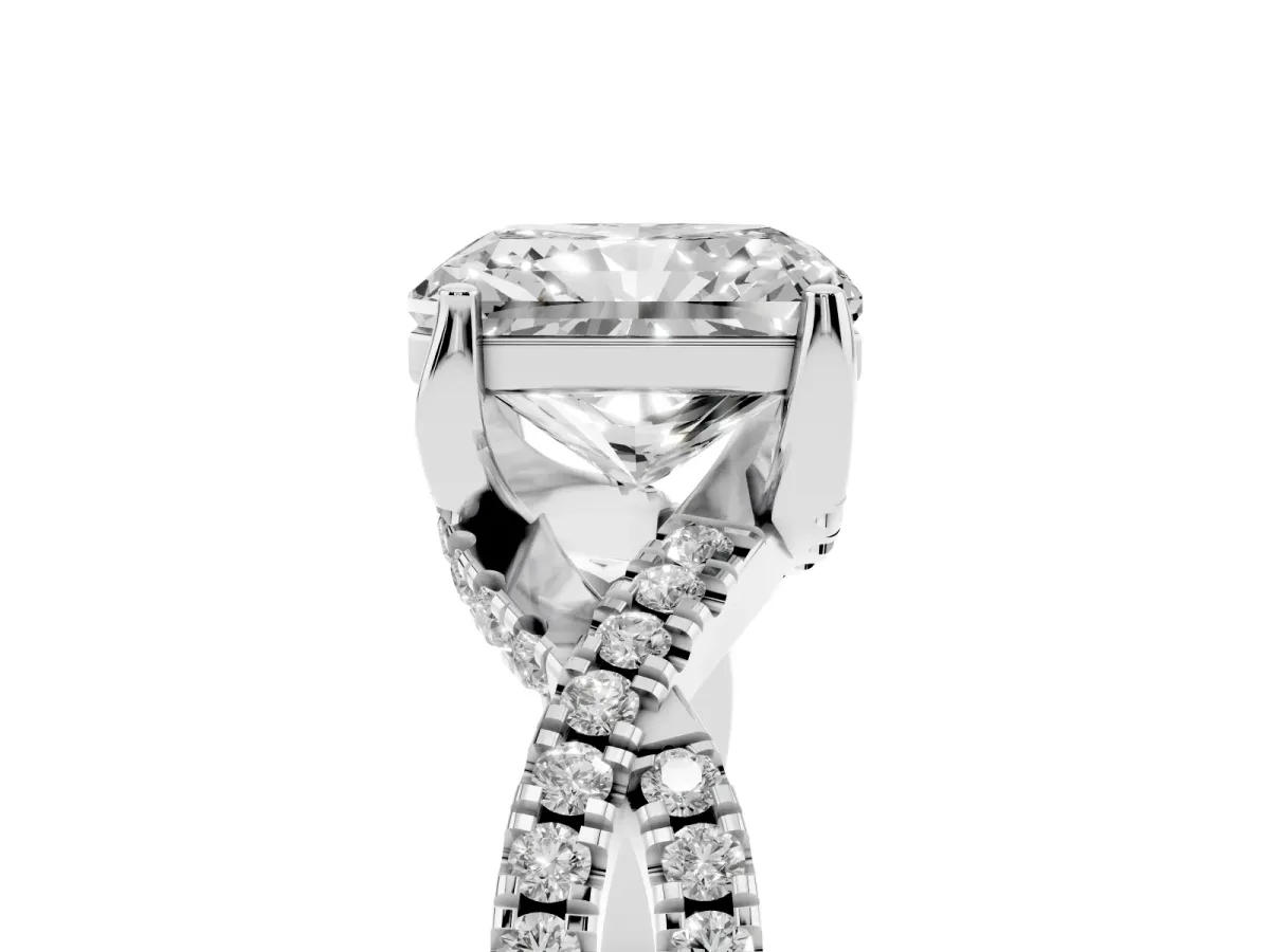 Radiant Cut Solitaire Twist Pave Diamond Engagement Ring with Prong Setting Silver