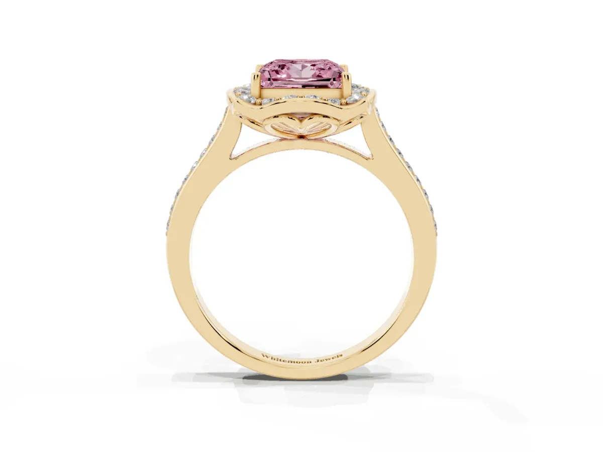 Fancy Pink Princess Cut Halo Round Diamond Pave Band with Four-Prong Setting Yellow gold