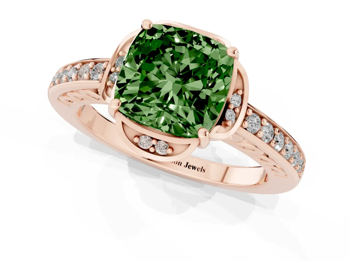 Fancy Green Cushion Cut Cut Halo Diamond Ring with Channel Set Band and Four-Prong Setting Rose gold