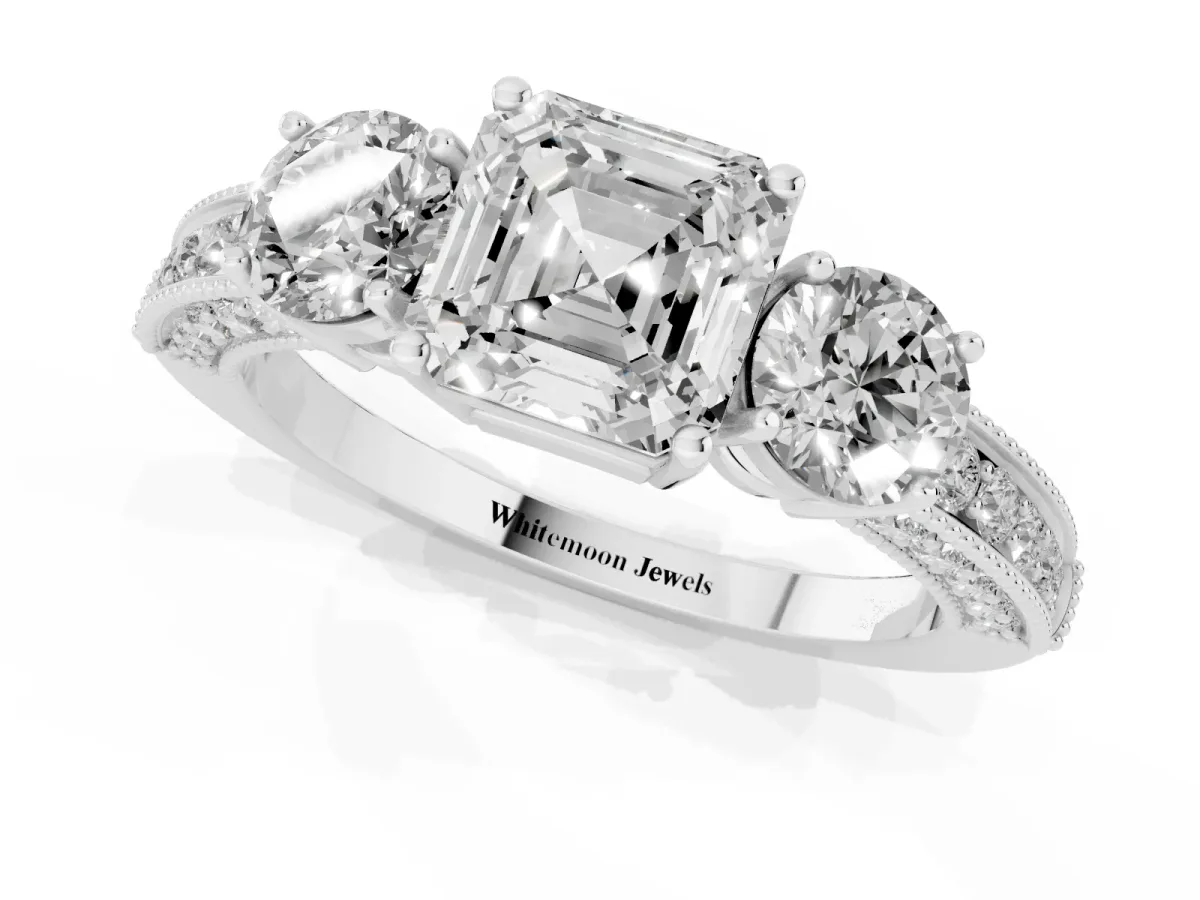 Asscher Cut Three-Stone Diamond Ring with Pavé Band and Four-Prong Setting Platinum