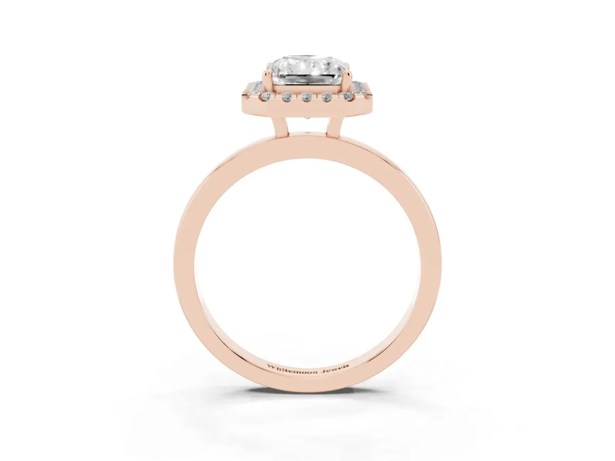 Radiant Cut Halo Diamond Solitaire with Pavé Band and Four-Prong Setting Rose gold