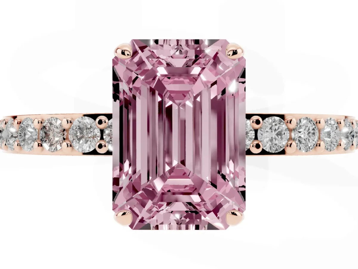 Fancy Pink Emerald Cut Diamond Pavé Engagement Ring with Round Accents and Prong Setting Rose gold