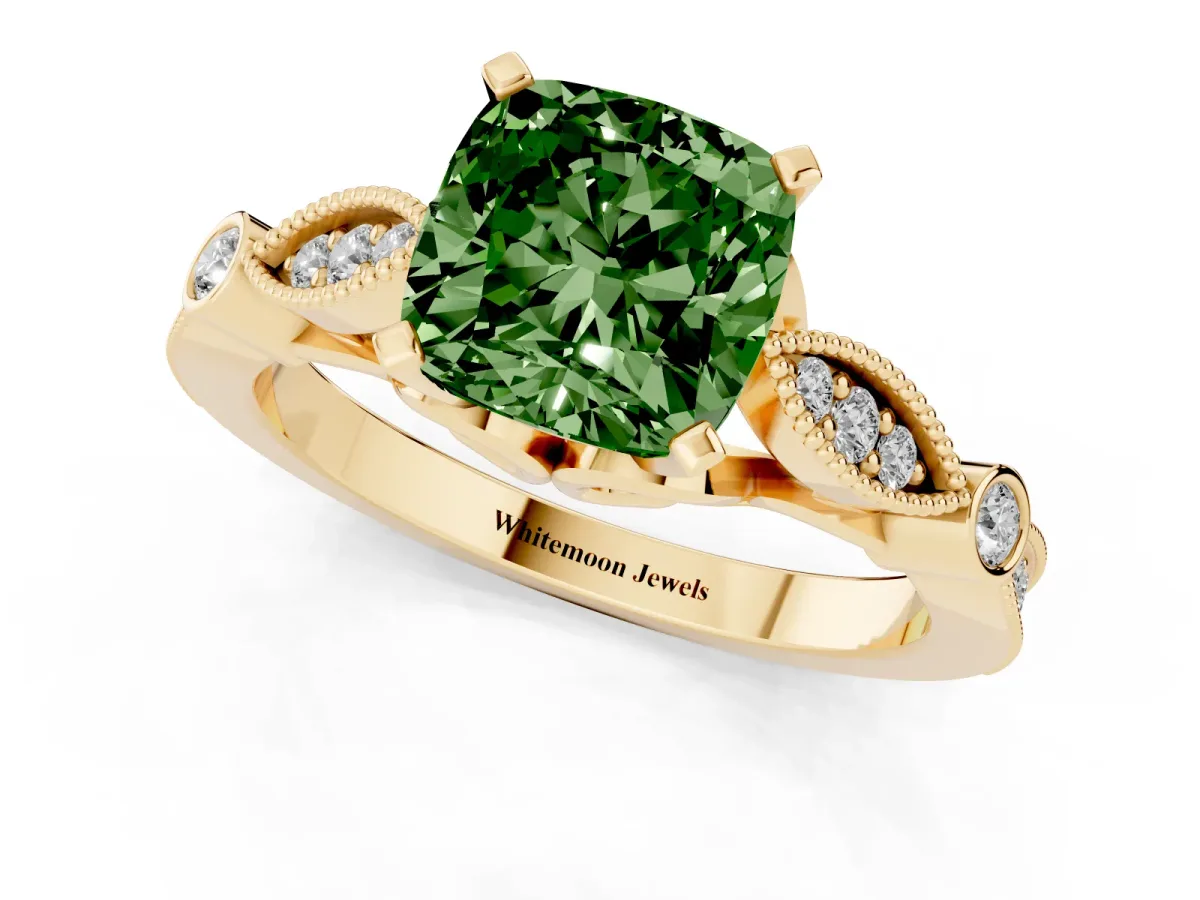 Fancy Green Cushion Cut Cut Diamond with Milgrain Marquise and Bezel Accents on a Solitaire Band with Prong Setting Yellow gold