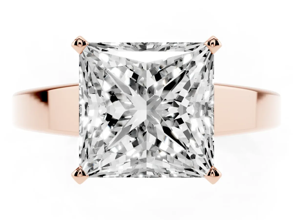 Princess Cut Solitaire Engagement Ring with Four-Prong Setting and Tapered Band Rose gold