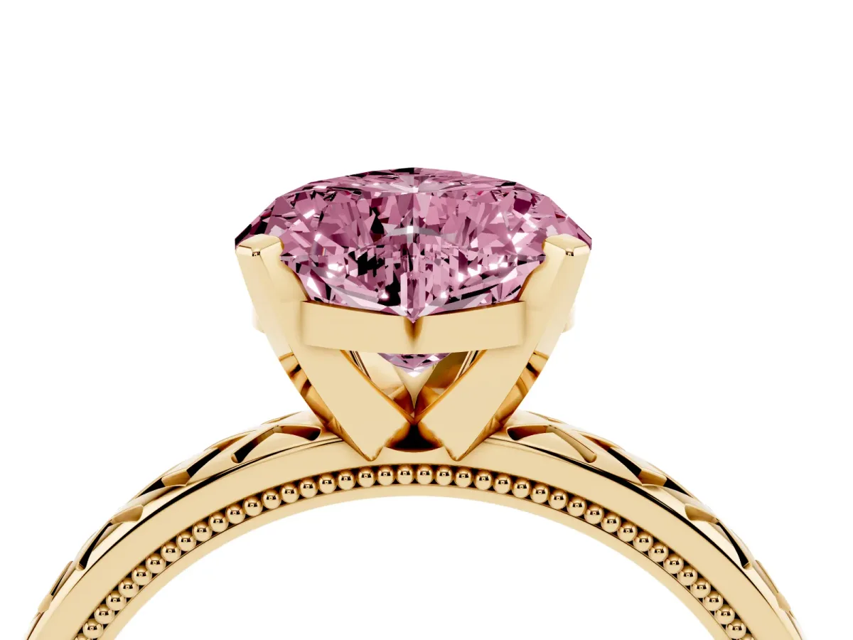 Fancy Pink Heart Cut Solitaire Diamond Ring with Milgrain and Black Enamel X Pattern Band Yellow gold