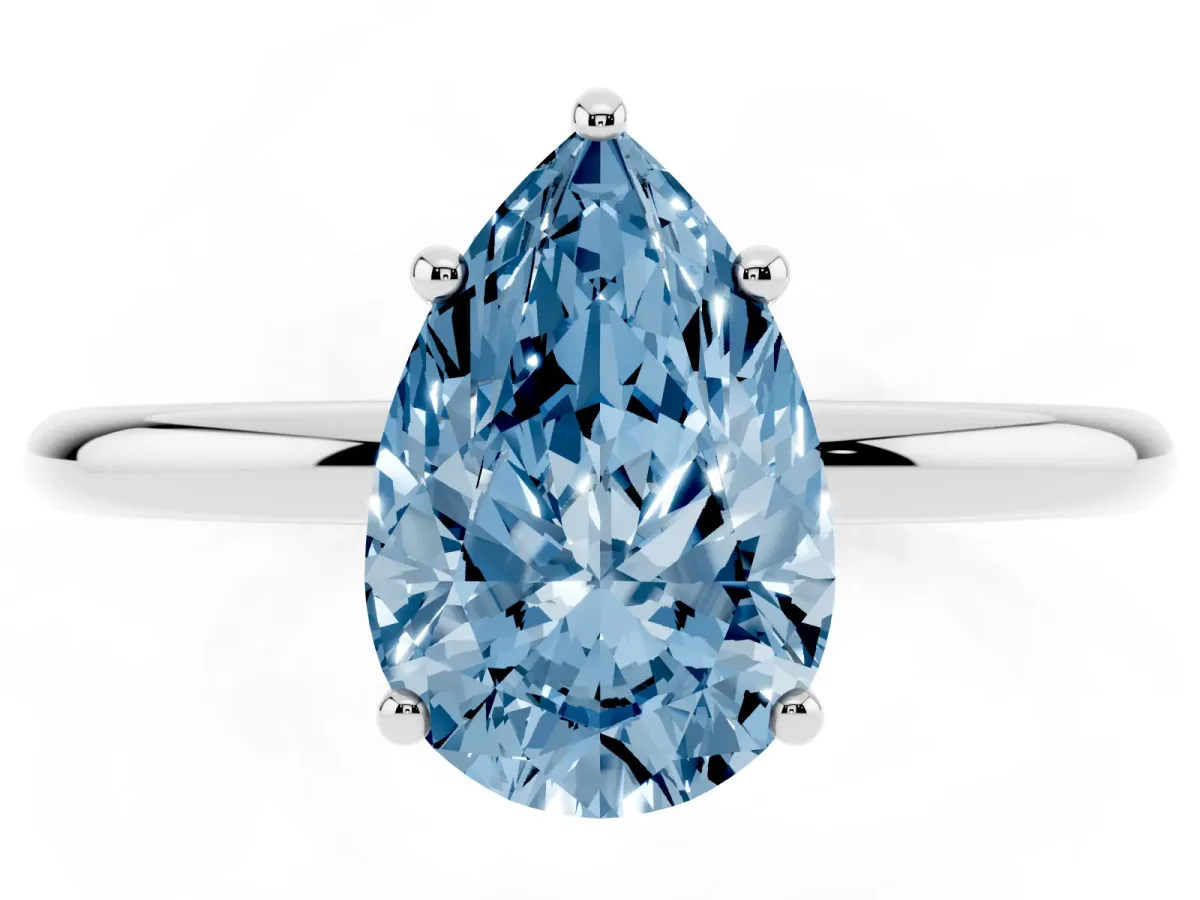 Fancy Blue Pear Cut Solitaire Diamond Ring with a Classic Band and Four-Prong Setting Platinum
