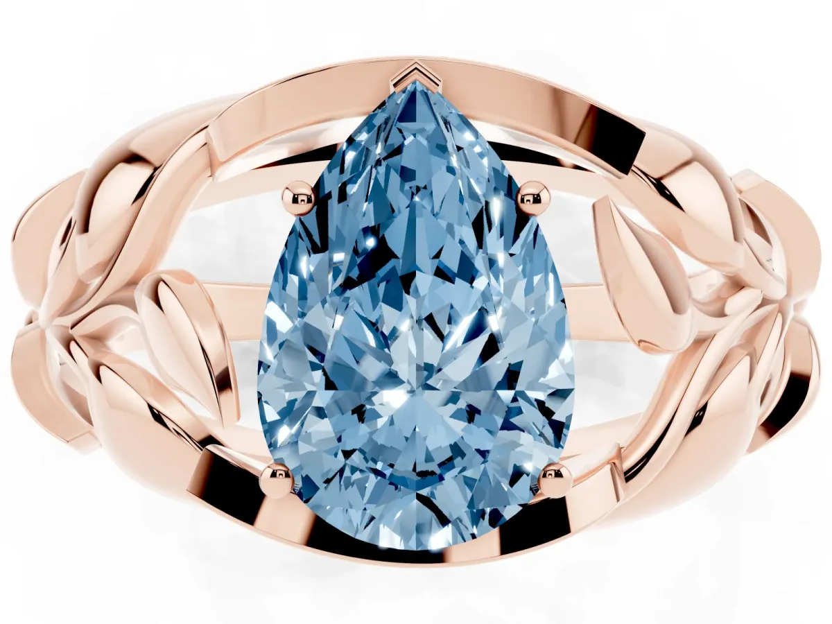 Fancy Blue Pear Cut Diamond Leaf-Inspired Engagement Ring with Round Accents and Prong Setting Rose gold