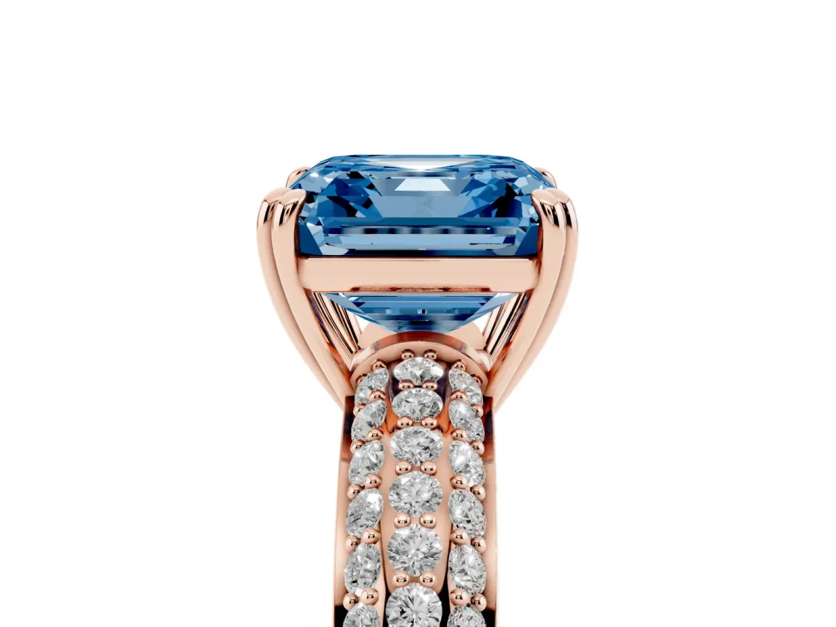Fancy Blue Asscher Cut Diamond Solitaire Ring with Multi-Row Round Pavé Band and Prong Setting Rose gold